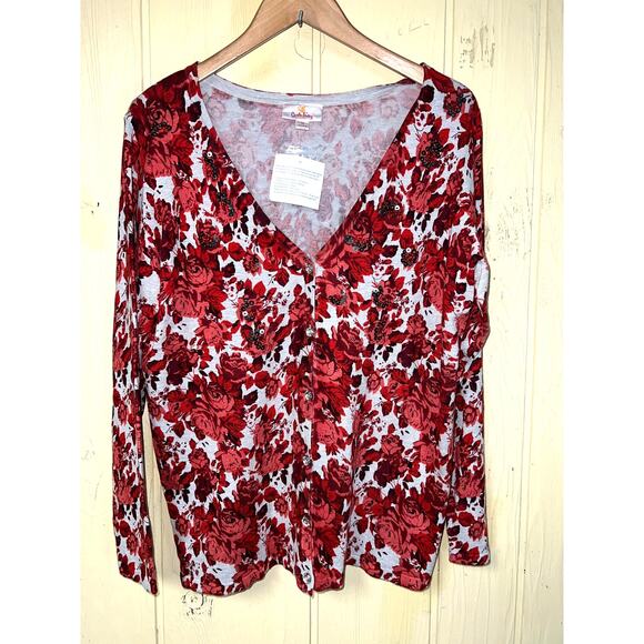 Quacker Factory Sweater Cardigan Womens Medium Christmas Floral Gem Buttons Rose - Picture 2 of 10